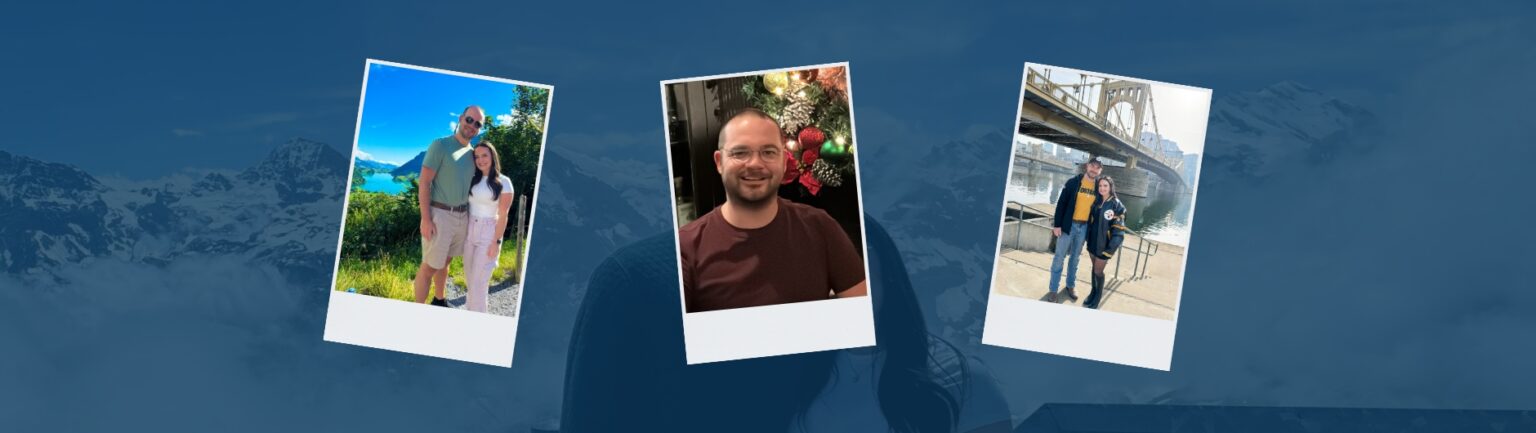 Dr. Deistelkam headshot, posing with his wife in nature, and posing with his wife in front of a bridge.