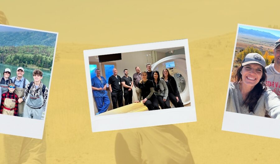 Dr. Veigel with his children, Dr. Veigel with his medical team, Dr. Veigel with his wife.