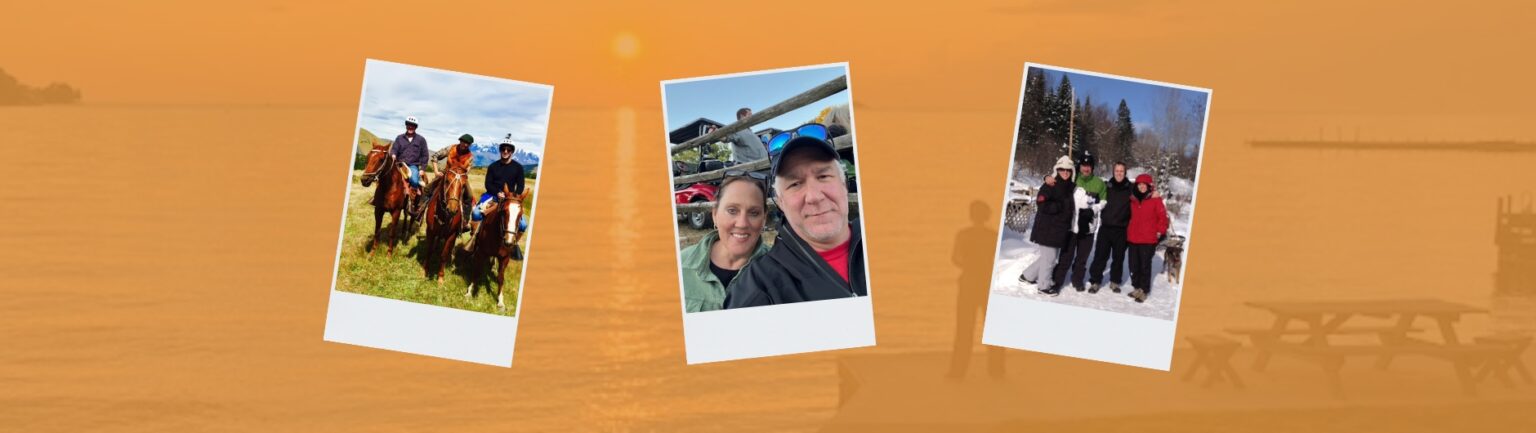 3 people on horseback, and husband and wife selfie, a group smiling in the snow.