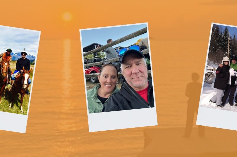 3 people on horseback, and husband and wife selfie, a group smiling in the snow.