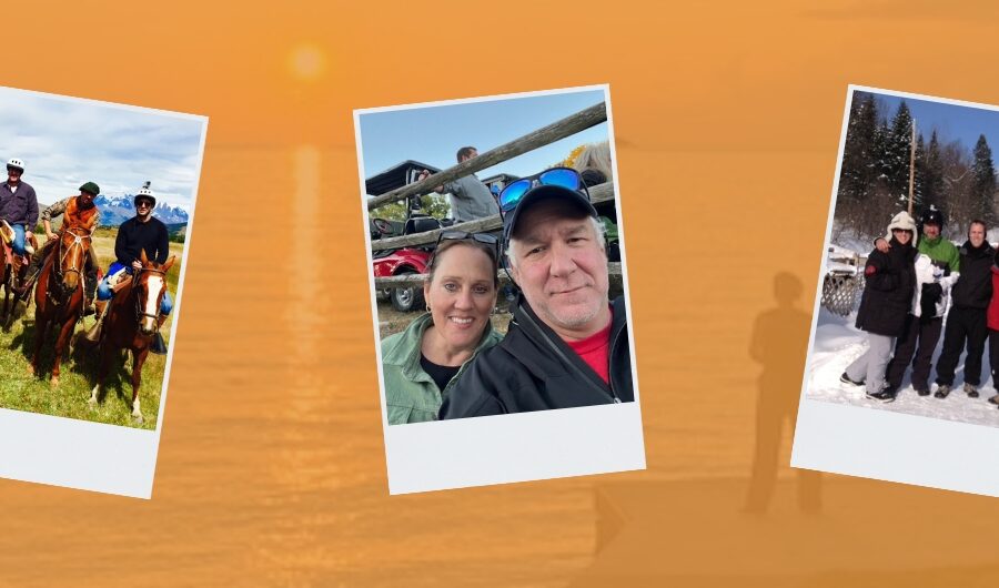 3 people on horseback, and husband and wife selfie, a group smiling in the snow.