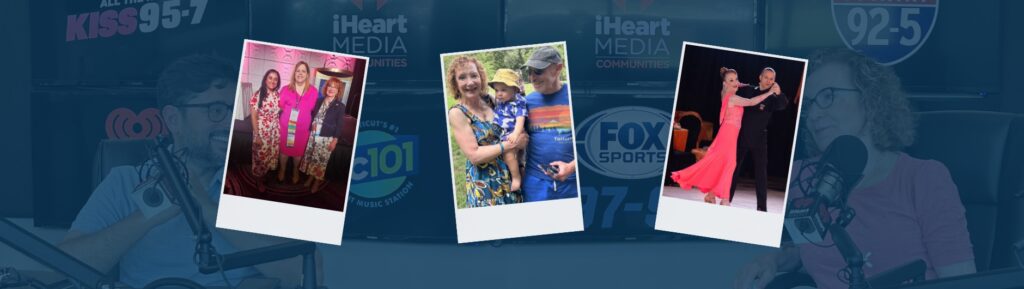 header with 3 different snapshots of Dr. Weigert; one of her posing with two other women, one of her holding a young boy, and the last of her dancing with her partner.