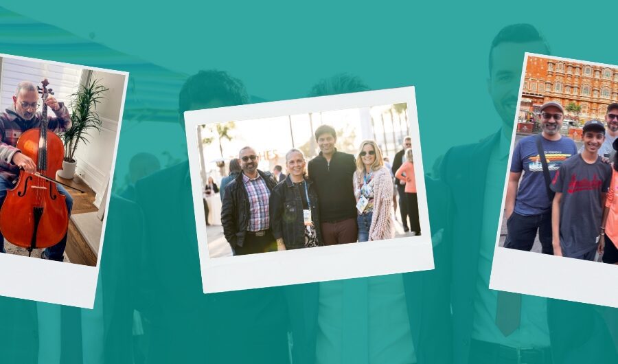 header with 3 different snapshots of Dr. Reddy with his family, colleagues, and playing the cello.